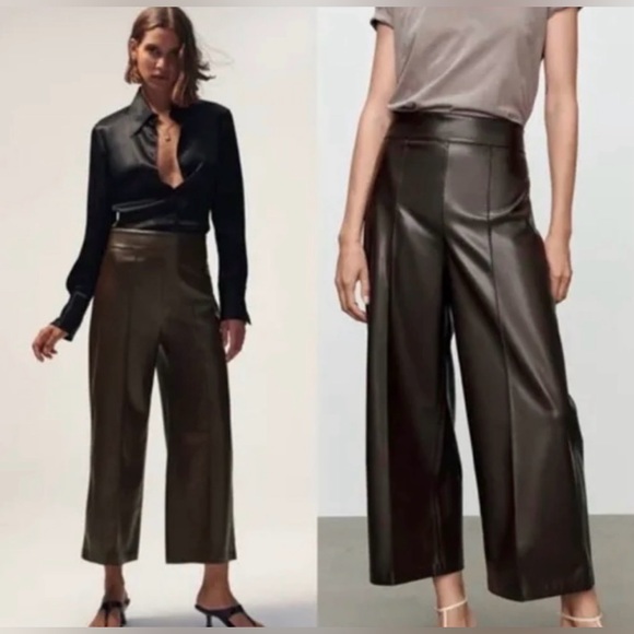 NEW-ZARA- vegan leather wide leg capri pants - Picture 1 of 8